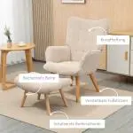 Vingstol med Pall Relaxstol Beige av Tyg med Sladdlook och Trä för Vardagsrummet Stoppad Fåtölj TV Stol Bekväm Design