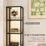 LED Golvlampa med 4-våningshylla, 4 Glasfack, Fotkontakt i MDF, Svart