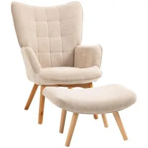 Vingstol med Pall Relaxstol Beige av Tyg med Sladdlook och Trä för Vardagsrummet Stoppad Fåtölj TV Stol Bekväm Design