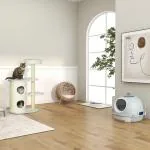 Automatisk Foderautomat för Husdjur, Programmerbar Matare med 6 Fack, LCD-Display och Timer för Katt och Hund, Vit/Grå
