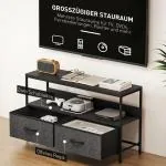 TV-bänk och Lowboard med 2 Lådor och Öppet Fack för TV upp till 47 Tum Hållbar och Stabil Svart och Mörkgrå Tyg och Metall 98 x 29 x 56 cm