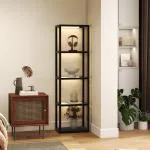LED Golvlampa med 4-våningshylla, 4 Glasfack, Fotkontakt i MDF, Svart
