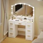 Sminkbord Hollywood med Belysning Vit MDF för Sovrum Sminkset med 10 LED-Lampor och Spegel 7 Lådor och Fack Rymlig Förvaring Modern