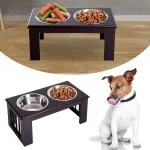 Upphöjd Matbar Rostfria Skålar Ergonomisk Matstation för Hundar MDF Skonar Nacke och Rygg Kaffebrun 58,4 X 30,5 X 25,4 Cm