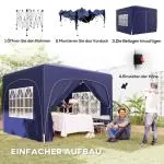 Lusthus Paviljong Pop-Up Partytält Mörkblå av Polyester och Metall för Camping och Trädgårdsfester Vintertätt Tält med 4 Sidoväggar UV50+ 3 x 3 m