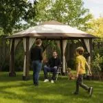 Gazebo 4x4 m – Vattentätt Hopfällbart Partytält med UV 50+ Skydd och Meshväggar – Höjdjusterbart Trädgårdstält med Bärväska och Sandsäckar – Beige Tält för Trädgård, Festival och Camping