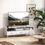 TV-Bänk TV-Skåp Lowboard Vit av Trä för Vardagsrum TV-Bord med 3 Öppna Fack och Lådor upp till 75 Tum 140 x 34 x 45 cm