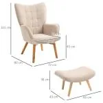 Vingstol med Pall Relaxstol Beige av Tyg med Sladdlook och Trä för Vardagsrummet Stoppad Fåtölj TV Stol Bekväm Design