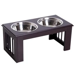 Upphöjd Matbar Rostfria Skålar Ergonomisk Matstation för Hundar MDF Skonar Nacke och Rygg Kaffebrun 58,4 X 30,5 X 25,4 Cm