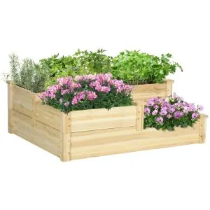 Upphöjd Bädd Odlingslåda Natur av Granträ för Trädgård och Balkong 3-Vånings Växtbädd för Blommor och Örter Stabil Konstruktion Planteringslåda