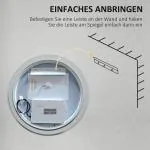 Kleankin Badrumsspegel Väggspegel Silver av Glas och Aluminium för Badrum med LED Belysning och Touchfunktion Minnesfunktion Anti-Fog Ø 60 cm
