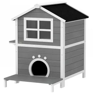 Katthus Kattgrotta med Balkong Grå av Trä för Katter och Små Hundar Väderbeständigt Hus med 2 Nivåer 66 x 66 x 90 cm
