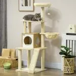 Kattträd Klösträd Beige av Trä och Sisal för Kattungar Skrapstolpe med Kattgrotta och Hängande Säng Klätterträd 141,5 cm