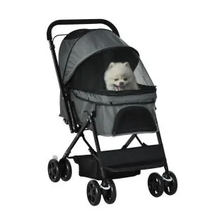 Hundvagn i Oxford-Tyg, Smidig Husdjursvagn för Små Hundar och Katter, Praktisk Transportkärra med Nätfönster, Mörkgrå, 76,5 x 52 x 95 cm