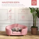 Lyxig Hundsoffa i Rosa Plysch, Elegant Hundbädd med Träben och Ryggficka, Bekväm Sovplats för Små Hundar, Rosa, 70 x 47 x 30 cm