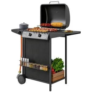 Gasgrill 7 KW Grillvagn med 3 Brännare, Side Cooker och Rulllås, Svart, 107x54x96 cm