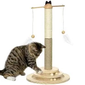 Kattmöbel med 3 Våningar, Rolig Klösmöbel med Bollbana och Klösbräda, Aktivitetscenter i Naturligt Trä, Natur, 56 cm