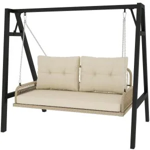 Hammock Rottinggunga 2-Sits Beige av Rotting ve Metall för Trädgård ve Balkong Hängbänk med Kuddar ve Kedjor 115 x 66 x 44 cm