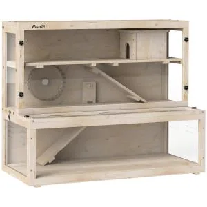 Hamsterbur 3 Våningar Naturfärgad Trä och Plexiglas för Smådjur Stor Bur med Hus och Tillbehör Rymlig Design och God Ventilation