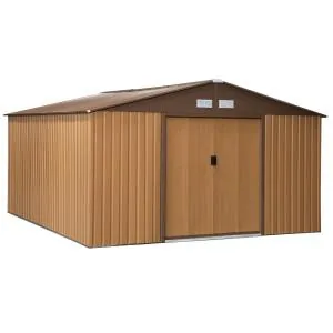 Rymlig Redskapsbod i Metall, Stort Trädgårdsskjul med Skjutdörrar, Väderbeständig Förvaring för Maskiner, Brun, 340 x 386 x 200 cm