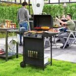Gasgrill 7 KW Grillvagn med 3 Brännare, Side Cooker och Rulllås, Svart, 107x54x96 cm