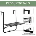 Balkongbord Hängbord Fällbart Svart av Metall för Balkong och Terrass Väderbeständigt Bord för Räcken 60 x 40 cm