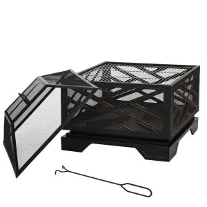 Eldskål Eldkorg Svart av Metall för Trädgård och BBQ 2-i-1 Grill med Gnistskydd Grillgaller och Poker Robust 66 x 66 x 66 cm