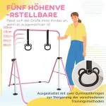 Gymnastikstång Barnstång Rosa av Stål för Inomhusbruk 5-Stegs Höjdjusterbar Horisontell Stång med Ringar 50 kg