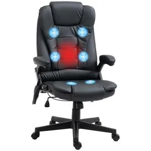 Massagekontorsstol med 6-punkts Vibrationsmassage och Värmefunktion, Vridbar Gamingstol, Konstläder, Svart, 70 x 70 x 111–121 cm