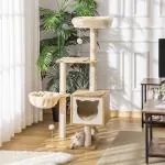 Klösträd med Koja och Plattform, Aktivitetscenter i Trä med Sisalpelare, Stabilt Klätterträd för Katter, Beige, 126 cm