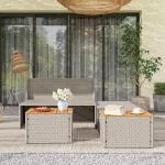 Solstol i Polyrattan för 2 Personer, Dubbelsäng med Fotpall och Förvaringskuddar, Grå, 125x114x72,5 cm