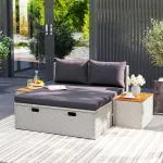 Solstol i Polyrattan för 2 Personer, Dubbelsäng med Fotpall och Förvaringskuddar, Grå, 125x114x72,5 cm