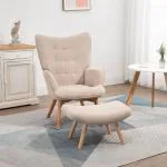Vingstol med Pall Relaxstol Beige av Tyg med Sladdlook och Trä för Vardagsrummet Stoppad Fåtölj TV Stol Bekväm Design
