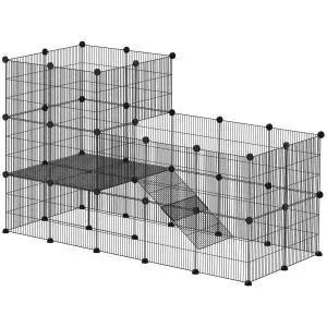 Smådjursbur Inhägnad med 39 Paneler Svart av Metall för Kaniner och Marsvin Utomhusinhägnad med Ramp 140 x 70 x 105 cm