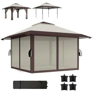 Gazebo 4x4 m – Vattentätt Hopfällbart Partytält med UV 50+ Skydd och Meshväggar – Höjdjusterbart Trädgårdstält med Bärväska och Sandsäckar – Beige Tält för Trädgård, Festival och Camping