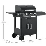 Gasolgrill med 3 Huvudbrännare + 1 Sidobrännare, Förvaring, Rostfritt Stål, Svart, 110 x 50 x 100 cm