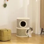 Klöstunna 2 Våningar Khaki och Mörkbrun Plysch för Katter Kattgrotta med Klösmatta Kompakt Design 36x36x49 cm