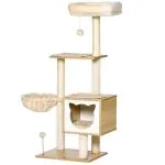 Klösträd med Koja och Plattform, Aktivitetscenter i Trä med Sisalpelare, Stabilt Klätterträd för Katter, Beige, 126 cm