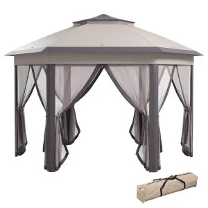 Sexkantig Pop-up Paviljong, Stort Partytält med Myggnät och Väska, Enkel Montering för Trädgårdsfest, Kaffebrun/Beige, 4 x 4 m