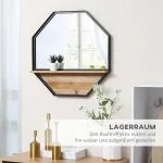 Åttkantig Väggspegel med Hylla, Modern Hängspegel i Industriell Design, Praktisk Spegel för Hall och Badrum, Svart, 61 x 61 cm