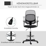 Ergonomisk Ritstol med Fotring, Höj- och Sänkbar Arbetsstol, Bekväm Snurrstol för Höga Skrivbord, Svart, 60 x 56 x 110-132 cm