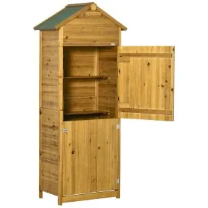 Verktygsbod Trädgårdsskåp Natur av Trä för Trädgård och Uteplats Väderbeständig med 2 Hyllor och 2 Dörrar Rymlig Förvaring 79 x 49 x 191,5 cm