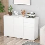 Skänk Byrå Vit av Trä för Vardagsrum Multifunktionsskåp med 2 Lådor och 3 Dörrar Arkivskåp 117 x 36 x 74 cm