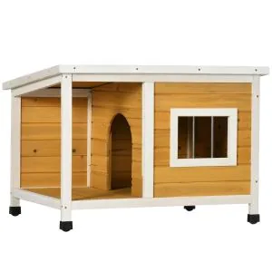 Hundhus med Veranda, Gångjärnstak, Fönster, Justerbara Fötter, Naturträ, Orange, 85,5 x 62 x 60 cm
