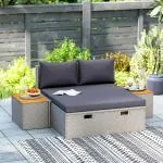Solstol i Polyrattan för 2 Personer, Dubbelsäng med Fotpall och Förvaringskuddar, Grå, 125x114x72,5 cm