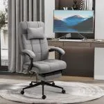 Ergonomisk Kontorsstol med Fotstöd, Höj- och Sänkbar Snurrstol i Linnetyg, Bekväm Skrivbordsstol med Ländkudde, Grå, 66 x 70 x 116-124 cm