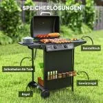 Gasgrill 7 KW Grillvagn med 3 Brännare, Side Cooker och Rulllås, Svart, 107x54x96 cm