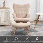 Vingstol med Pall Relaxstol Beige av Tyg med Sladdlook och Trä för Vardagsrummet Stoppad Fåtölj TV Stol Bekväm Design