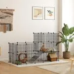 Smådjursbur Inhägnad med 39 Paneler Svart av Metall för Kaniner och Marsvin Utomhusinhägnad med Ramp 140 x 70 x 105 cm