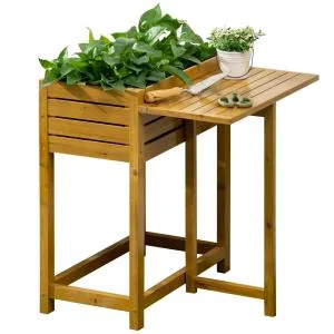 Upphöjd Odlingslåda i Trä, Planteringsbänk med Hopfällbar Skiva, Ergonomisk Odling för Örter, Brun, 64 x 80 x 30 cm
